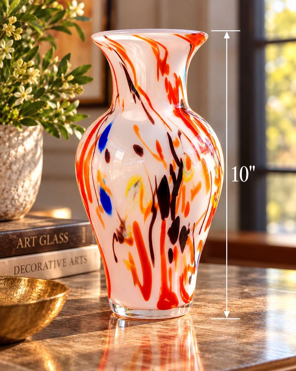 Hand Blown Art Glass Vase 10" White Orange Blue Abstract Swirl Colorful Decor